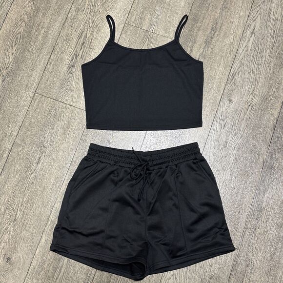 Women’s Ribbed Crop Cami Top & Drawstring Short Set (E103) - Picture 1 of 8